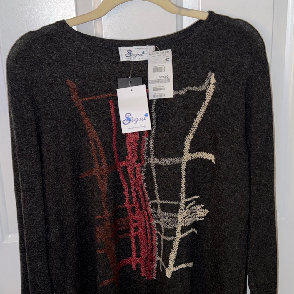 Women's Charcoal Sweater with Red and White Pattern